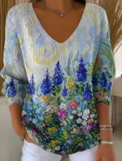 Hot Women's Sweater Casual Soft Floral Striped Ribbed V Neck Knitted Long Sleeve Regular Tops Knit Outdoor Daily Weekend Blue Purple Spring Fall Women Pullovers & Tops