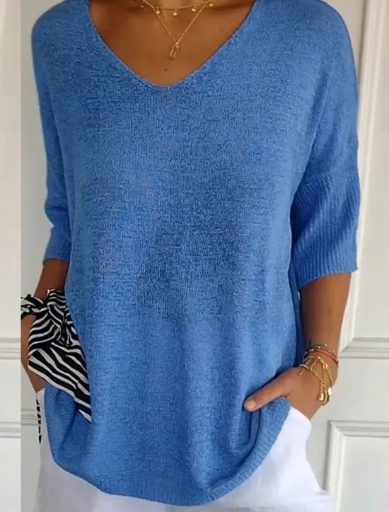 Sale Women's Sweater Casual Soft Pure Color Ribbed V Neck Knitted 3/4 Length Sleeve Regular Tops Knit Outdoor Daily Weekend Blue Green Fall Women Pullovers & Tops