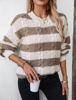 Women's Sweater Casual Soft Striped Ribbed Crew Neck Knitted Long Sleeve Regular Tops Knit Outdoor Daily Weekend Coffee Fall Winter Women Pullovers & Tops
