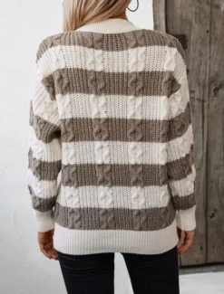 Women's Sweater Casual Soft Striped Ribbed Crew Neck Knitted Long Sleeve Regular Tops Knit Outdoor Daily Weekend Coffee Fall Winter Women Pullovers & Tops