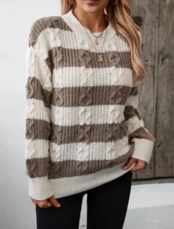 Women's Sweater Casual Soft Striped Ribbed Crew Neck Knitted Long Sleeve Regular Tops Knit Outdoor Daily Weekend Coffee Fall Winter Women Pullovers & Tops
