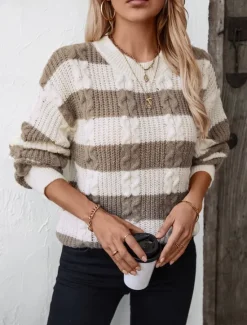 Women's Sweater Casual Soft Striped Ribbed Crew Neck Knitted Long Sleeve Regular Tops Knit Outdoor Daily Weekend Coffee Fall Winter Women Pullovers & Tops