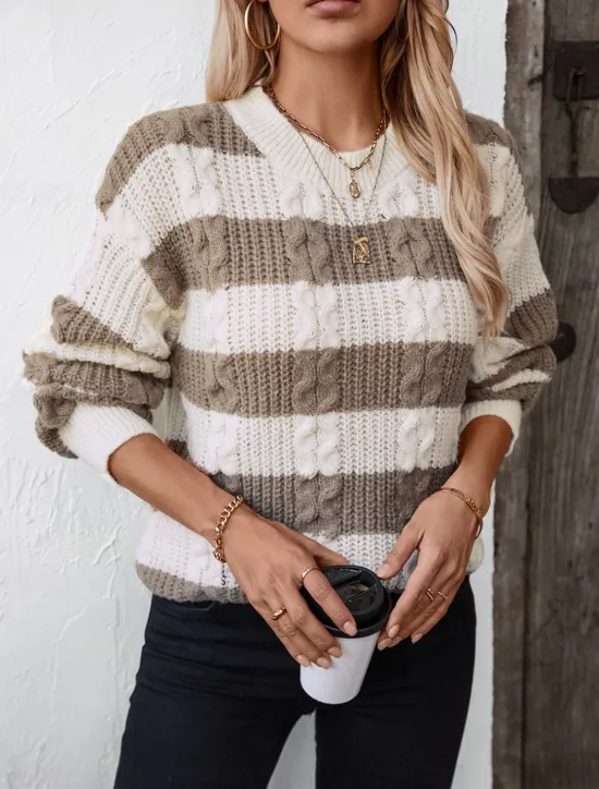 Women's Sweater Casual Soft Striped Ribbed Crew Neck Knitted Long Sleeve Regular Tops Knit Outdoor Daily Weekend Coffee Fall Winter Women Pullovers & Tops