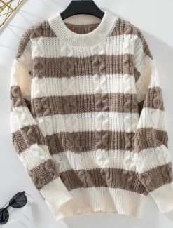 Women's Sweater Casual Soft Striped Ribbed Crew Neck Knitted Long Sleeve Regular Tops Knit Outdoor Daily Weekend Coffee Fall Winter Women Pullovers & Tops