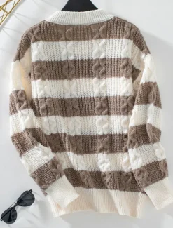 Women's Sweater Casual Soft Striped Ribbed Crew Neck Knitted Long Sleeve Regular Tops Knit Outdoor Daily Weekend Coffee Fall Winter Women Pullovers & Tops