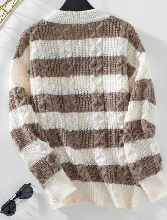 Women's Sweater Casual Soft Striped Ribbed Crew Neck Knitted Long Sleeve Regular Tops Knit Outdoor Daily Weekend Coffee Fall Winter Women Pullovers & Tops