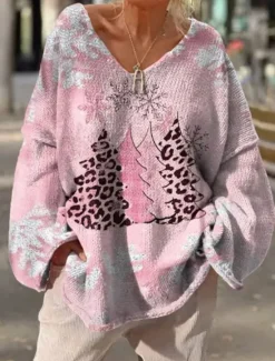 Hot Women's Sweater Casual Soft Floral Graphic Ribbed V Neck Knitted Print Long Sleeve Regular Tops Knit Outdoor Daily Weekend Pink Blue Fall Winter Women Pullovers & Tops