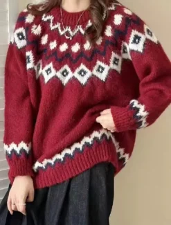 Discount Women's Sweater Casual Soft Geometric Paisley Ribbed Crew Neck Knitted Long Sleeve Regular Tops Knit Outdoor Daily Weekend Red Blue Fall Winter Women Pullovers & Tops