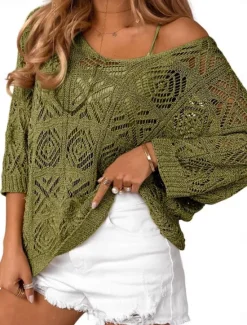 Women's Sweater Casual Soft Pure Color Ribbed V Neck Knitted Hole 3/4 Length Sleeve Regular Tops Knit Outdoor Daily Weekend Green Light Blue Summer Spring Women Pullovers & Tops