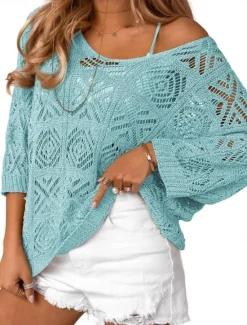 Women's Sweater Casual Soft Pure Color Ribbed V Neck Knitted Hole 3/4 Length Sleeve Regular Tops Knit Outdoor Daily Weekend Green Light Blue Summer Spring Women Pullovers & Tops