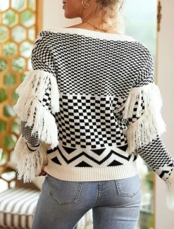 Women's Sweater Casual Soft Pure Color Ribbed V Neck Patchwork Tassel Knitted Long Sleeve Regular Tops Knit Outdoor Daily Weekend Fall Winter Women Pullovers & Tops
