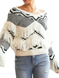 Women's Sweater Casual Soft Pure Color Ribbed V Neck Patchwork Tassel Knitted Long Sleeve Regular Tops Knit Outdoor Daily Weekend Fall Winter Women Pullovers & Tops