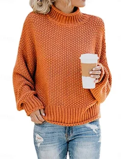 Women's Sweater Casual Soft Pure Color Ribbed Crew Neck Knitted Long Sleeve Regular Tops Knit Outdoor Daily Weekend Orange Khaki Fall Winter Women Hoodies & Sweatshirts