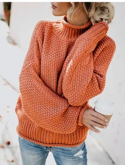 Women's Sweater Casual Soft Pure Color Ribbed Crew Neck Knitted Long Sleeve Regular Tops Knit Outdoor Daily Weekend Orange Khaki Fall Winter Women Hoodies & Sweatshirts
