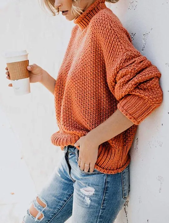 Women's Sweater Casual Soft Pure Color Ribbed Crew Neck Knitted Long Sleeve Regular Tops Knit Outdoor Daily Weekend Orange Khaki Fall Winter Women Hoodies & Sweatshirts