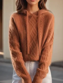 Clearance Women's Sweater Casual Soft Pure Color Cable Hooded Knitted Long Sleeve Regular Tops Knit Outdoor Daily Weekend Camel Brown Fall Winter Women Pullovers & Tops