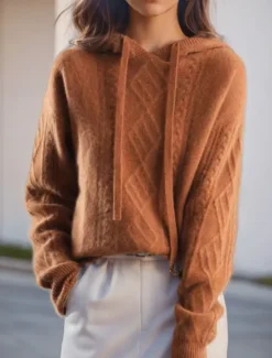 Clearance Women's Sweater Casual Soft Pure Color Cable Hooded Knitted Long Sleeve Regular Tops Knit Outdoor Daily Weekend Camel Brown Fall Winter Women Pullovers & Tops