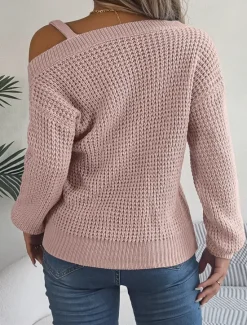 Women's Sweater Casual Soft Pure Color Chunky One Shoulder Knitted Long Sleeve Regular Tops Knit Outdoor Daily Weekend White Pink Fall Winter Women Pullovers & Tops