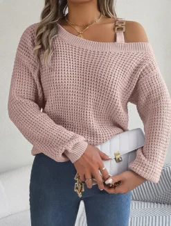 Women's Sweater Casual Soft Pure Color Chunky One Shoulder Knitted Long Sleeve Regular Tops Knit Outdoor Daily Weekend White Pink Fall Winter Women Pullovers & Tops