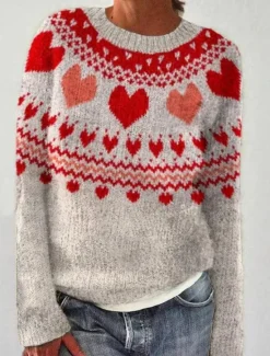Discount Women's Sweater Casual Soft Heart Geometric Ribbed Crew Neck Knitted Long Sleeve Regular Tops Knit Outdoor Daily Weekend Pink Red Fall Winter Women Pullovers & Tops