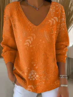 Sale Women's Sweater Casual Soft Floral Ribbed V Neck Knitted Print Long Sleeve Regular Tops Knit Outdoor Daily Weekend Black White Fall Winter Women Pullovers & Tops