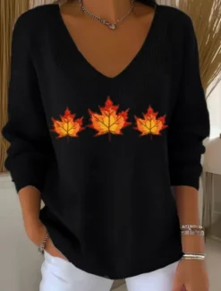 Sale Women's Sweater Casual Soft Floral Ribbed V Neck Knitted Print Long Sleeve Regular Tops Knit Outdoor Daily Weekend Black White Fall Winter Women Pullovers & Tops