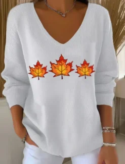 Sale Women's Sweater Casual Soft Floral Ribbed V Neck Knitted Print Long Sleeve Regular Tops Knit Outdoor Daily Weekend Black White Fall Winter Women Pullovers & Tops