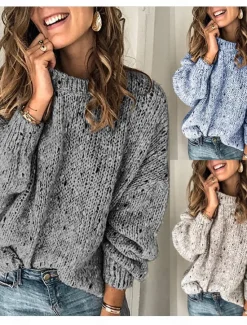 Sale Women's Sweater Casual Soft Pure Color Ribbed Crew Neck Knitted Long Sleeve Regular Tops Knit Outdoor Daily Weekend Blue Light Grey Fall Winter Women Hoodies & Sweatshirts