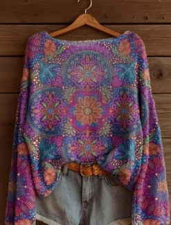 Women's Sweater Casual Soft Floral Graphic Ribbed Boat Neck Floral Knitted Print Long Sleeve Regular Tops Knit Outdoor Daily Weekend Yellow Pink Spring Fall Women Pullovers & Tops