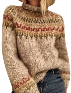New Women's Sweater Casual Soft Geometric Ribbed Turtleneck Knitted Long Sleeve Regular Tops Knit Outdoor Daily Weekend Khaki Gray Fall Winter Women Pullovers & Tops