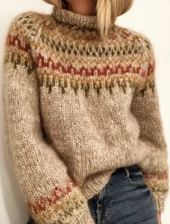 New Women's Sweater Casual Soft Geometric Ribbed Turtleneck Knitted Long Sleeve Regular Tops Knit Outdoor Daily Weekend Khaki Gray Fall Winter Women Pullovers & Tops