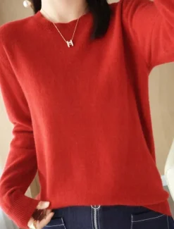 Online Women's Sweater Casual Soft Pure Color Ribbed Crew Neck Knitted Long Sleeve Regular Tops Knit Outdoor Daily Weekend Black Red Fall Winter Women Pullovers & Tops