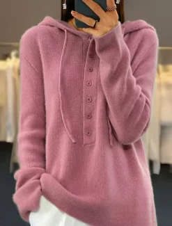 New Women's Sweater Casual Soft Pure Color Ribbed Hooded Buttons Knitted Long Sleeve Regular Tops Knit Outdoor Daily Weekend Pink Brown Fall Winter Women Pullovers & Tops