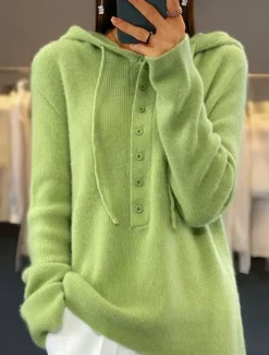 New Women's Sweater Casual Soft Pure Color Ribbed Hooded Buttons Knitted Long Sleeve Regular Tops Knit Outdoor Daily Weekend Pink Brown Fall Winter Women Pullovers & Tops