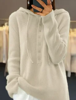 New Women's Sweater Casual Soft Pure Color Ribbed Hooded Buttons Knitted Long Sleeve Regular Tops Knit Outdoor Daily Weekend Pink Brown Fall Winter Women Pullovers & Tops