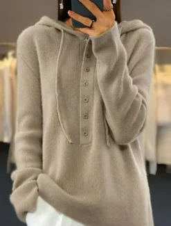New Women's Sweater Casual Soft Pure Color Ribbed Hooded Buttons Knitted Long Sleeve Regular Tops Knit Outdoor Daily Weekend Pink Brown Fall Winter Women Pullovers & Tops