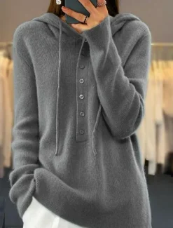 New Women's Sweater Casual Soft Pure Color Ribbed Hooded Buttons Knitted Long Sleeve Regular Tops Knit Outdoor Daily Weekend Pink Brown Fall Winter Women Pullovers & Tops
