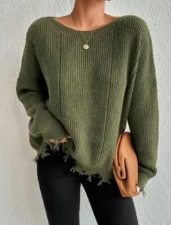 Women's Sweater Casual Soft Pure Color Ribbed Crew Neck Tassel Knitted Long Sleeve Regular Tops Knit Outdoor Daily Weekend Army Green Khaki Fall Winter Women Pullovers & Tops
