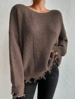 Women's Sweater Casual Soft Pure Color Ribbed Crew Neck Tassel Knitted Long Sleeve Regular Tops Knit Outdoor Daily Weekend Army Green Khaki Fall Winter Women Pullovers & Tops