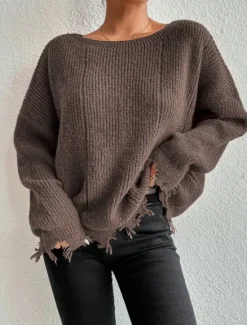 Women's Sweater Casual Soft Pure Color Ribbed Crew Neck Tassel Knitted Long Sleeve Regular Tops Knit Outdoor Daily Weekend Army Green Khaki Fall Winter Women Pullovers & Tops