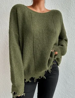 Women's Sweater Casual Soft Pure Color Ribbed Crew Neck Tassel Knitted Long Sleeve Regular Tops Knit Outdoor Daily Weekend Army Green Khaki Fall Winter Women Pullovers & Tops