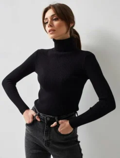 Discount Women's Sweater Casual Soft Pure Color Ribbed Turtleneck Knitted Long Sleeve Regular Tops Knit Outdoor Daily Weekend Black White Fall Winter Women Pullovers & Tops