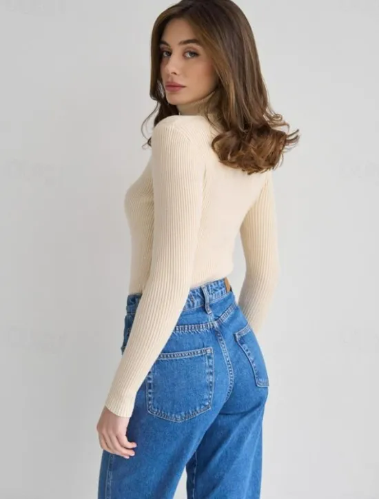 Discount Women's Sweater Casual Soft Pure Color Ribbed Turtleneck Knitted Long Sleeve Regular Tops Knit Outdoor Daily Weekend Black White Fall Winter Women Pullovers & Tops