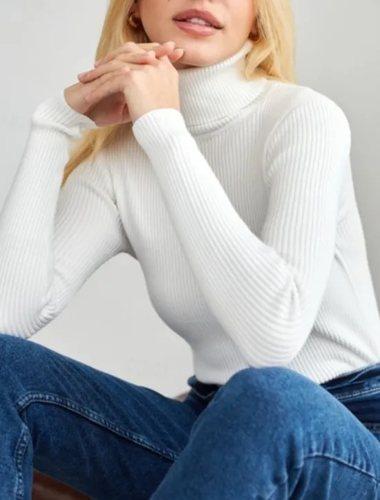 Discount Women's Sweater Casual Soft Pure Color Ribbed Turtleneck Knitted Long Sleeve Regular Tops Knit Outdoor Daily Weekend Black White Fall Winter Women Pullovers & Tops