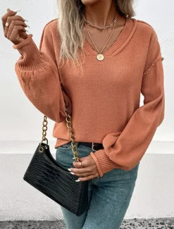 Women's Sweater Casual Soft Pure Color Ribbed V Neck Knitted Long Sleeve Regular Tops Knit Outdoor Daily Weekend Fall Winter Women Pullovers & Tops