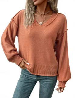Women's Sweater Casual Soft Pure Color Ribbed V Neck Knitted Long Sleeve Regular Tops Knit Outdoor Daily Weekend Fall Winter Women Pullovers & Tops