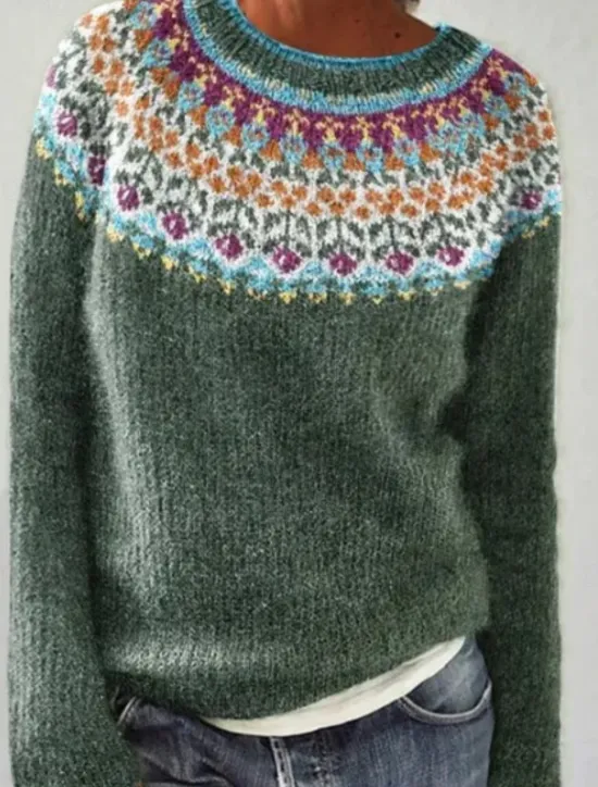 New Women's Sweater Casual Soft Geometric Ribbed Crew Neck Knitted Long Sleeve Regular Tops Knit Outdoor Daily Weekend Blue Green Fall Winter Women Pullovers & Tops
