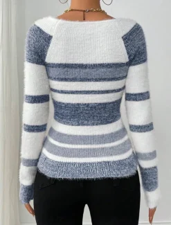 Clearance Women's Sweater Casual Soft Striped Ribbed Crew Neck Knitted Long Sleeve Regular Tops Knit Outdoor Daily Weekend Pink Blue Fall Winter Women Pullovers & Tops
