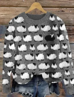 Hot Women's Sweater Casual Soft Animal Ribbed Crew Neck Knitted Print Long Sleeve Regular Tops Knit Outdoor Daily Weekend Blue Green Fall Winter Women Pullovers & Tops