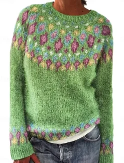 Hot Women's Sweater Casual Soft Geometric Ribbed Crew Neck Knitted Print Long Sleeve Regular Tops Knit Outdoor Daily Weekend Yellow Green Fall Winter Women Pullovers & Tops